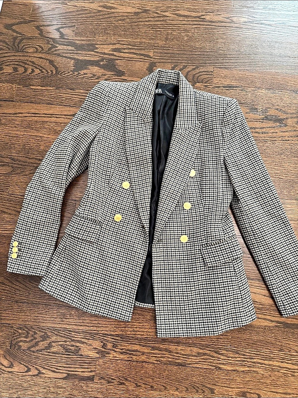 Zara Houndstooth Double-Breasted Blazer Black & White